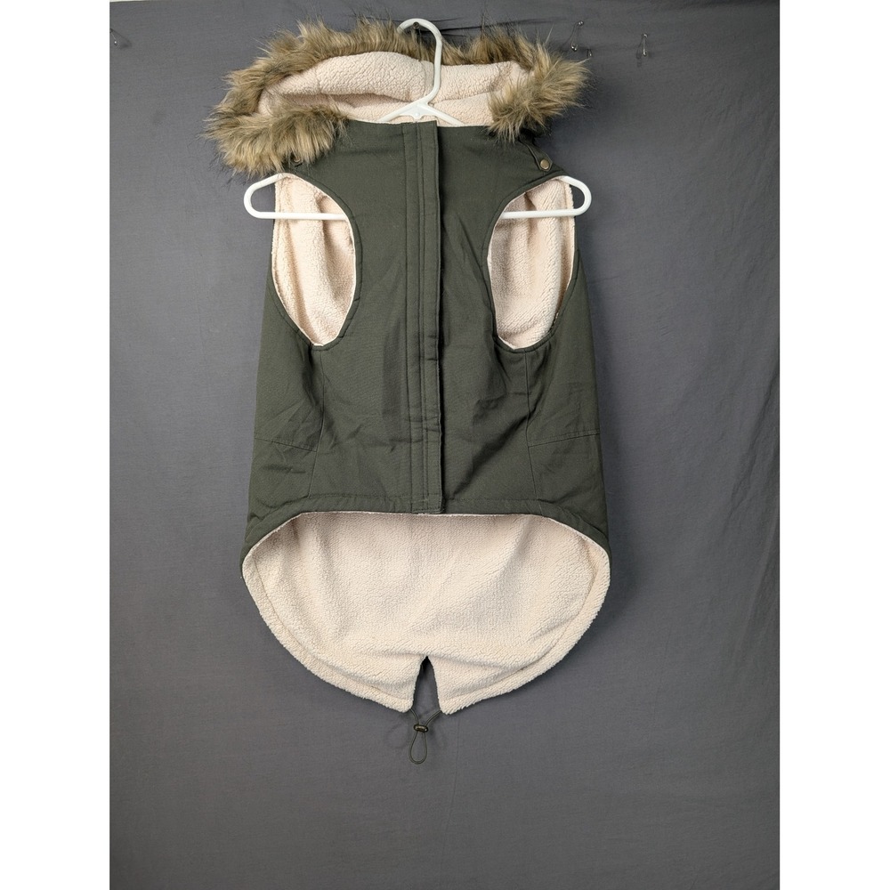 Petco Bond & Co Olive Green Dog Parka Vest Faux Fur Hood Large 8167